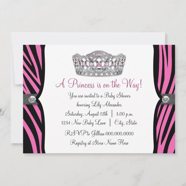 Invitation Fête de bébé Princesse Zèbre Rose Chaud Noir (Devant)