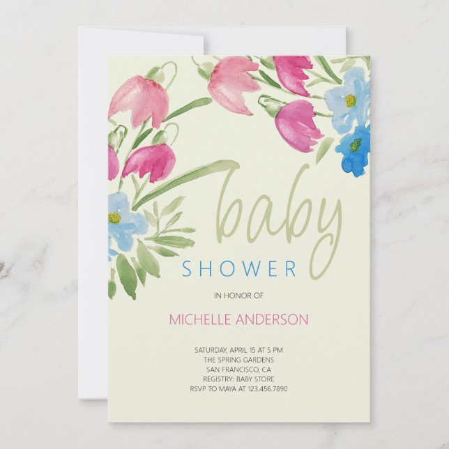 Invitation Fête de bébé printemps Floral Bleu et Rose Tendre (Devant)
