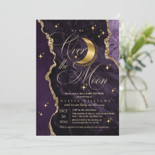 Invitation Fête de bébé Purple Over the Moon Gold Stars