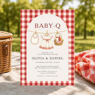 Invitation Fête de bébé Q Fille Corde à linge Nœud Gingham Bé