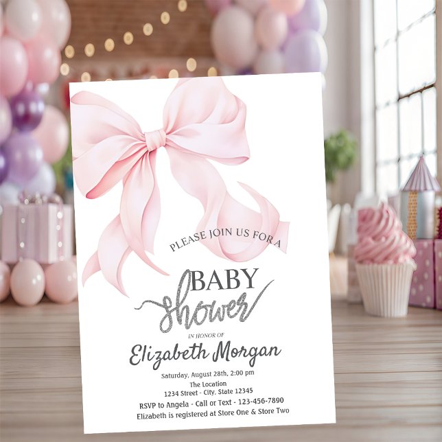 Invitation Fête de bébé rayée avec un nœud rose élégant (Créateur téléchargé)