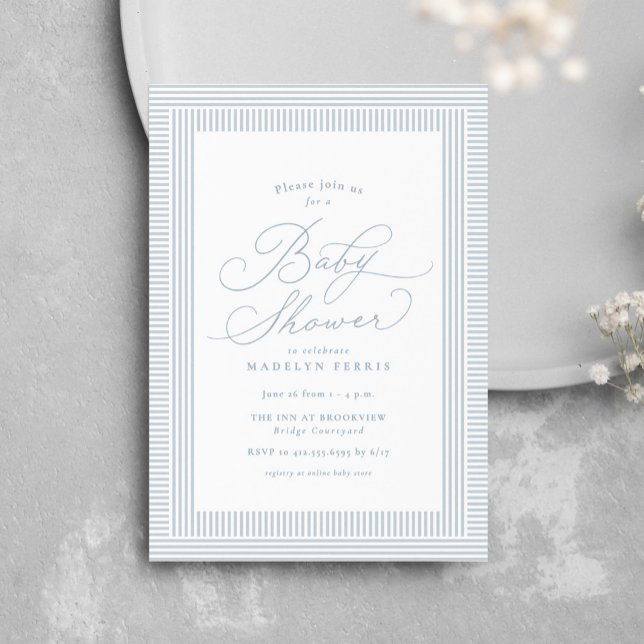 Invitation Fête de bébé rayée bleue et blanche preppy seersuc (Créateur téléchargé)