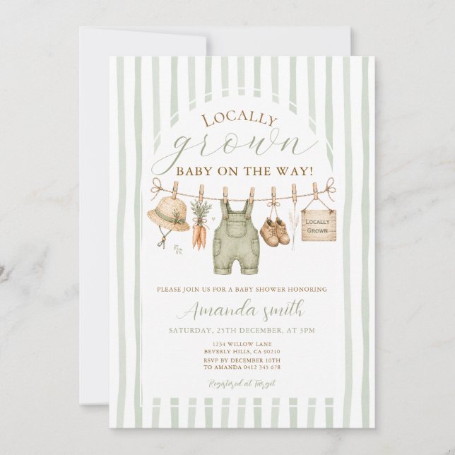 Invitation Fête de bébé rayée vert sauge cultivée localement (Devant)
