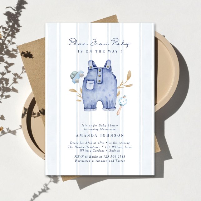 Invitation Fête de Bébé Rayures Bleu Jean Moderne  (Créateur téléchargé)