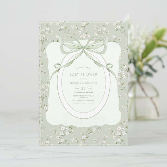 Invitation Fête de bébé rétro florale verdure fantaisiste (Debout devant)