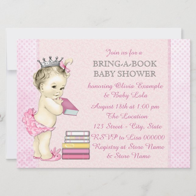 Invitation Fête de bébé rose Bring a Book (Devant)