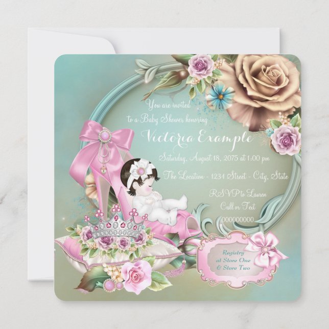 Invitation Fête de bébé Rose Chaussure Rose et Turquoise (Dos)