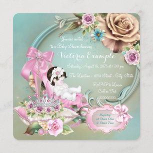 Invitation Fête de bébé Rose Chaussure Rose et Turquoise