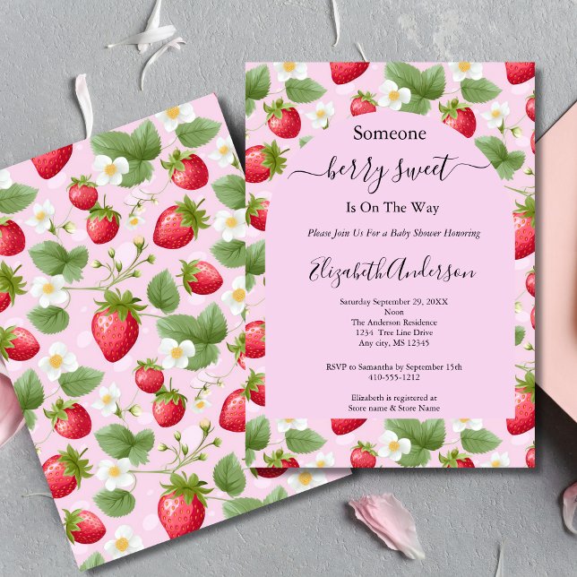 Invitation Fête de Bébé Rose Douce Fraise Sucrée (Strawberry Pink Berry Sweet Baby Girl Baby Shower invitation. Printed or Digital Download)