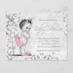 Invitation Fête de bébé rose et gris vintage adorable