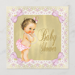 Invitation Fête de Bébé Rose et Or Ruban Dentelle Féminin