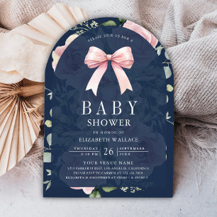 Invitation Fête de bébé Rose Floral Coquette Ruban Navy