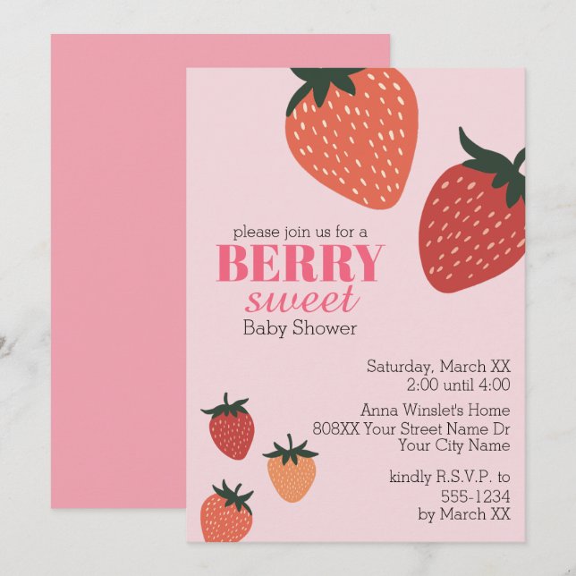 Invitation Fête de Bébé Rose Fruité Douce Baie de Fraise (Devant / Derrière)