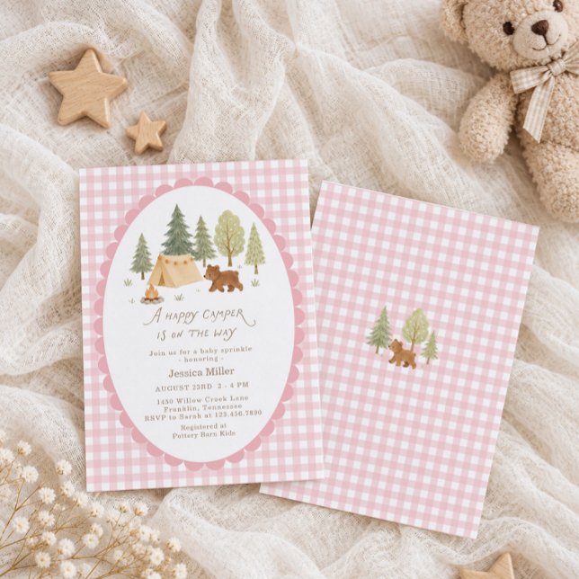 Invitation Fête de Bébé Rose Gingham Happy Camper (Créateur téléchargé)