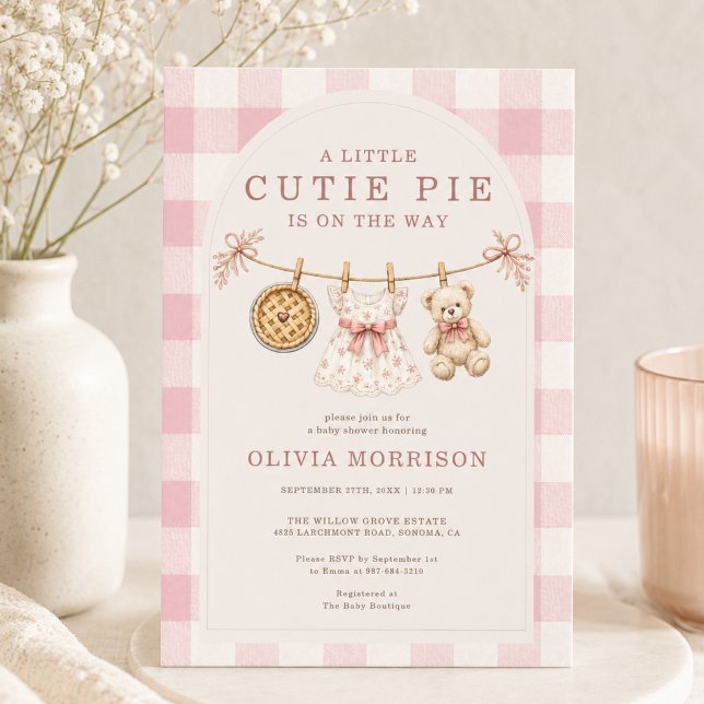 Invitation Fête de bébé rose linge à linge à carreaux Cutie P (Créateur téléchargé)