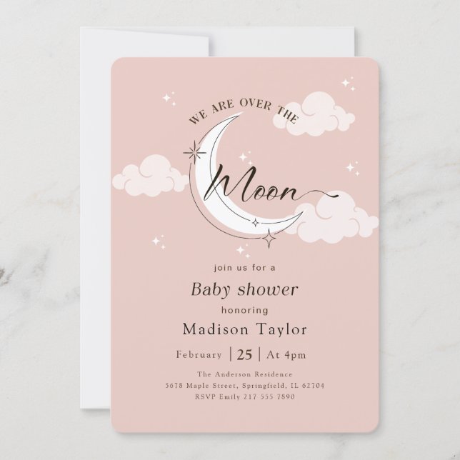 Invitation Fête de Bébé Rose Lune Fantaisiste (Devant)