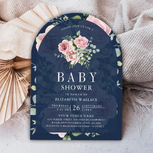 Invitation Fête de bébé Rose Pâle Floral Eucalyptus Bleu Mari