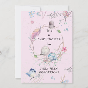 Invitation Fête de bébé rose personnalisée Little Birdies