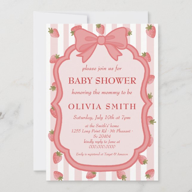 Invitation Fête de bébé rose sucrée aux fraises Coquette  (Devant)