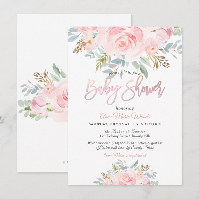 Invitation Fête de bébé Roses roses aquarelle de PixDezines (Devant / Derrière)