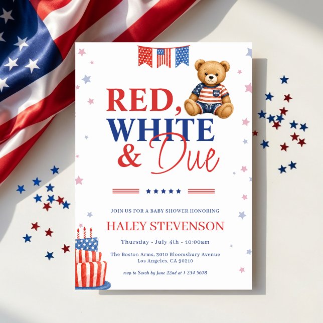 Invitation Fête de bébé Rouge Blanc & Attendue pour le 4 juil (Créateur téléchargé)