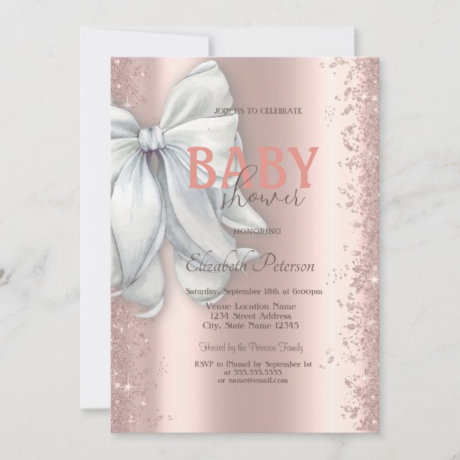 Invitation Fête de Bébé Ruban Blanc Confettis Pailletés Or Ro (Devant)