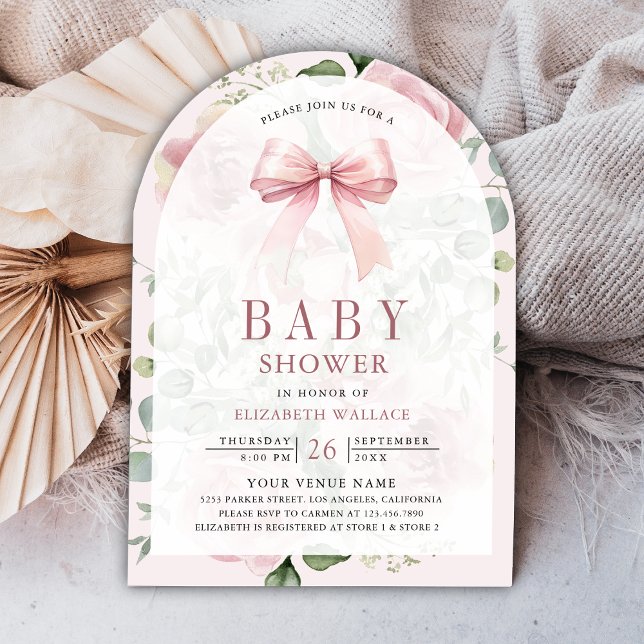 Invitation Fête de bébé : Ruban Coquette Fleurs Rose Pâle (Créateur téléchargé)