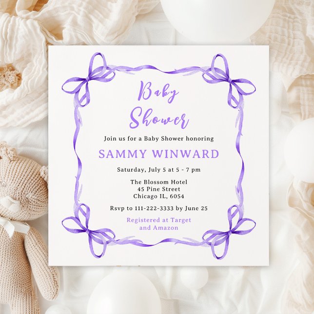Invitation Fête de Bébé Ruban Coquette Violet (Créateur téléchargé)