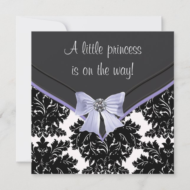 Invitation Fête de Bébé Ruban de Damas Lavande Violet Noir (Devant)
