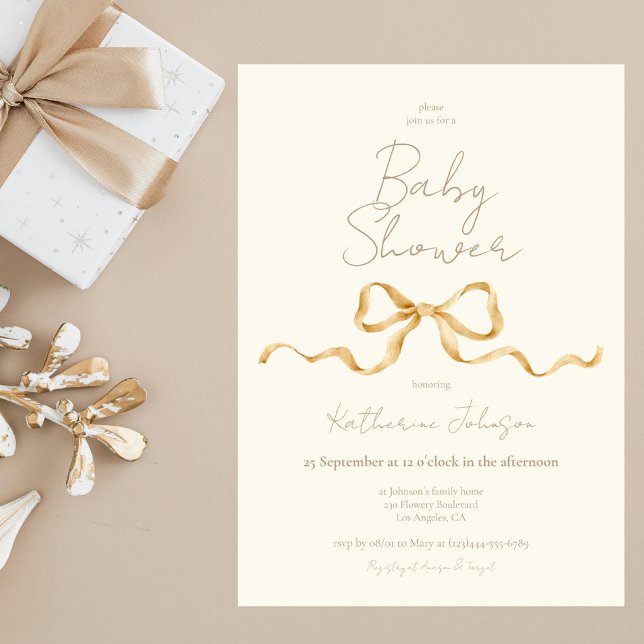 Invitation Fête de bébé Ruban Doré Elégant Beige Neutre (Créateur téléchargé)