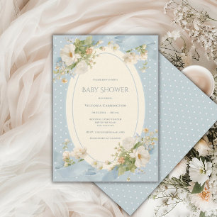 Invitation Fête de bébé ruban élégant à pois floraux bleus
