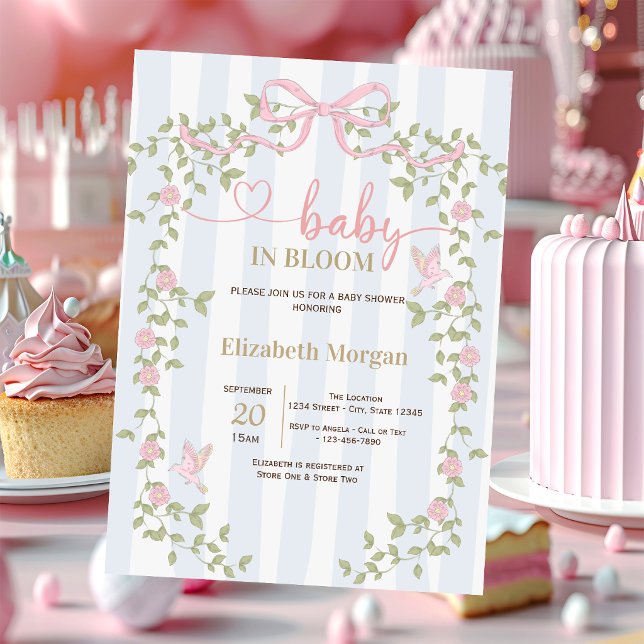 Invitation Fête de Bébé Ruban Fleurs Sauvages Rayures Bleues (Créateur téléchargé)