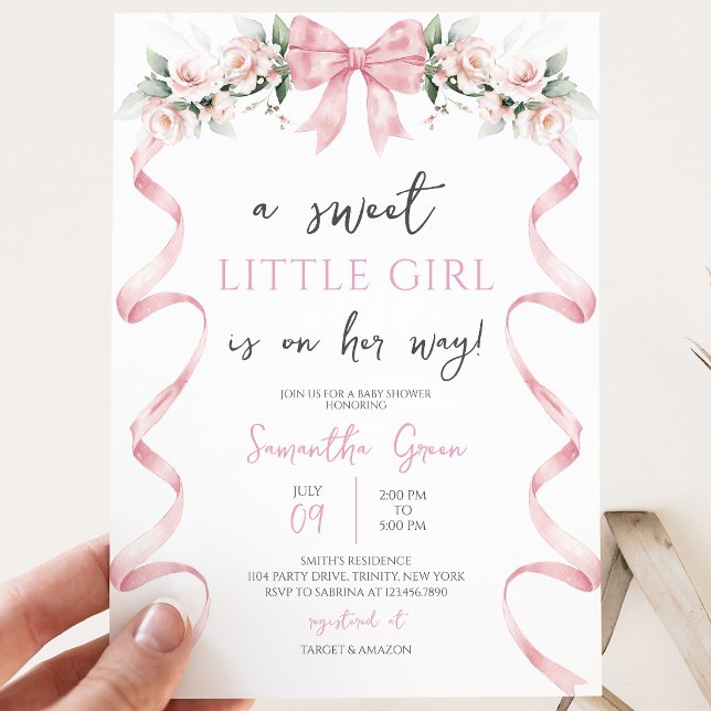 Invitation Fête de Bébé Ruban Rose (Créateur téléchargé)
