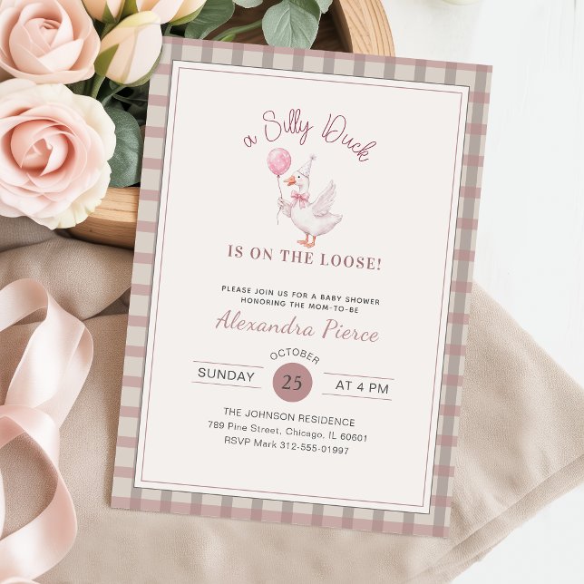 Invitation Fête de Bébé Ruban Rose Canard Ridicule Élégant Gi (Créateur téléchargé)