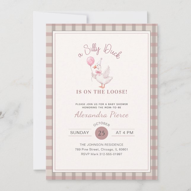 Invitation Fête de Bébé Ruban Rose Canard Ridicule Élégant Gi (Devant)