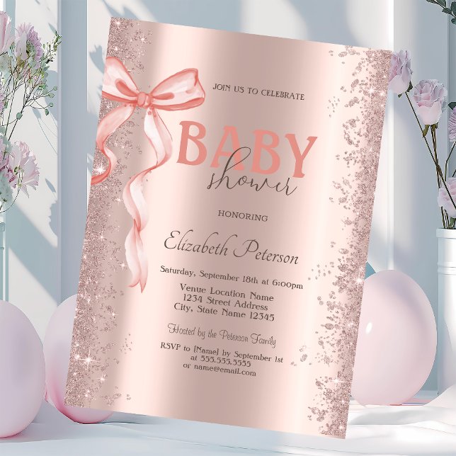 Invitation Fête de Bébé Ruban Rose Confettis Paillettes Or Ro (Créateur téléchargé)