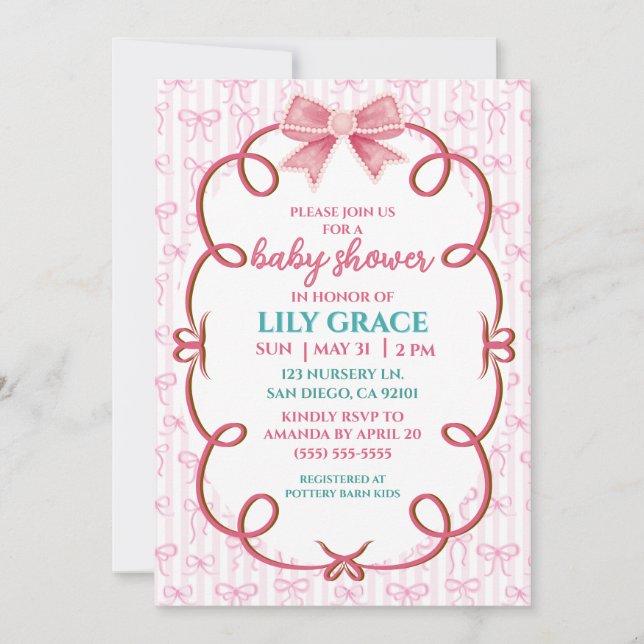 Invitation Fête de Bébé Ruban Rose Fantaisiste & Perle (Devant)