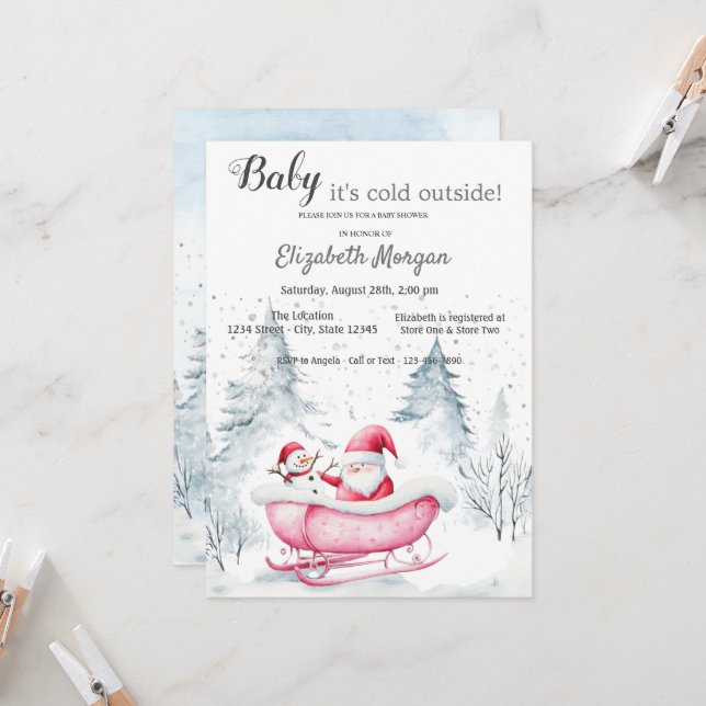 Invitation Fête de Bébé Ruse de la Forêt d'Hiver Père Noël (Devant/Arrière en situation)