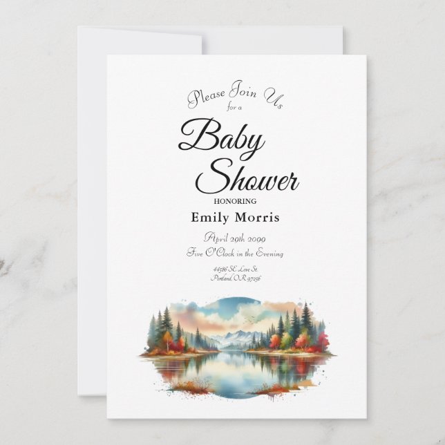 Invitation Fête de Bébé Rustique au Bord d'un Lac en Forêt d' (Devant)
