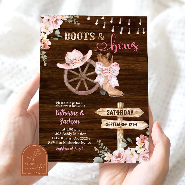 Invitation Fête de bébé Rustique Bois Floral Bottes et Rubans (Créateur téléchargé)