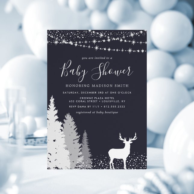 Invitation Fête de Bébé Rustique Cerf en Hiver en Forêt (Créateur téléchargé)