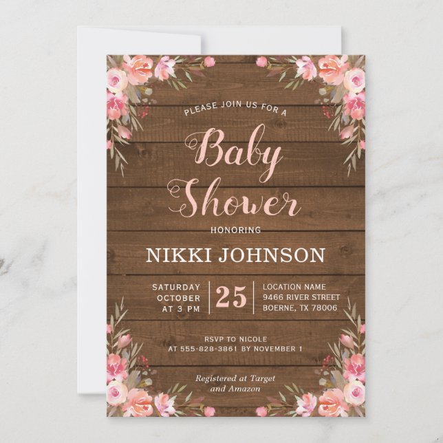 Invitation Fête de bébé rustique fille décoration florale en  (Devant)