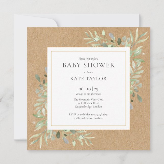 Invitation Fête de Bébé Rustique Vert Neutral Tout En Un (Devant)