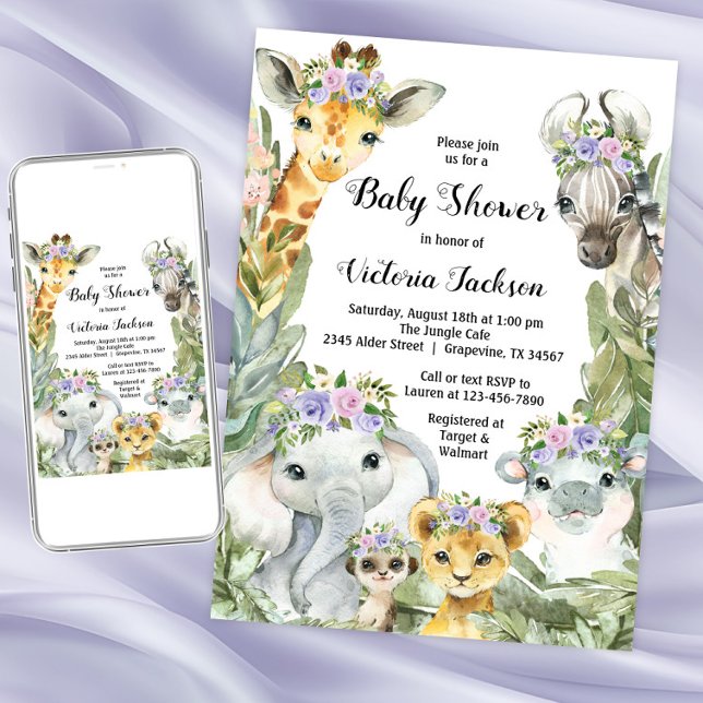 Invitation Fête de bébé Safari Fille Fleurs Violettes (Girl purple safari baby shower invitation. Instant download and printed invitations available.)