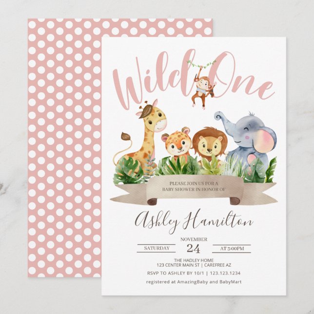 Invitation Fête de Bébé Safari Jungle Wild One (Devant / Derrière)