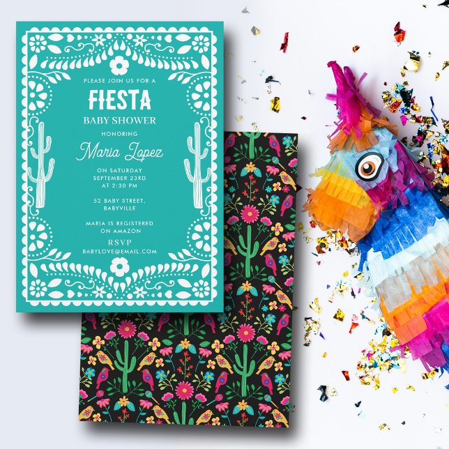 Invitation Fête de bébé sarcelle Fiesta florale traditionnell (Mexican Traditional Floral Fiesta Teal Baby Shower Invitation)