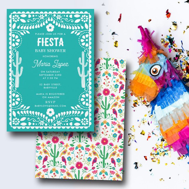 Invitation Fête de bébé sarcelle Fiesta florale traditionnell (Mexican Traditional Floral Fiesta Teal Baby Shower Invitation)