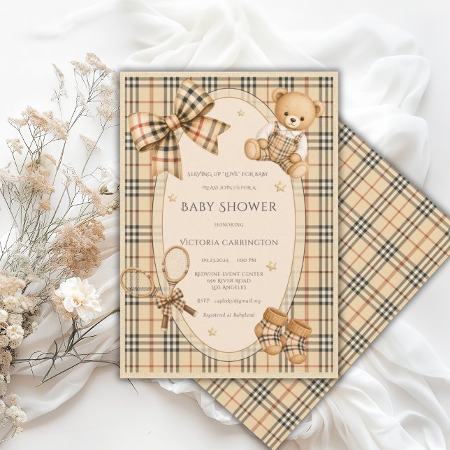 Invitation Fête de bébé 'Serving up Love' thème plaid marron  (Créateur téléchargé)