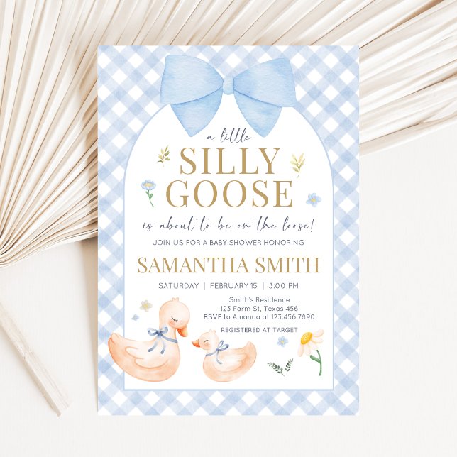 Invitation Fête de bébé Silly Goose à carreaux bleus (Little Silly Goose Baby Shower Invitation)