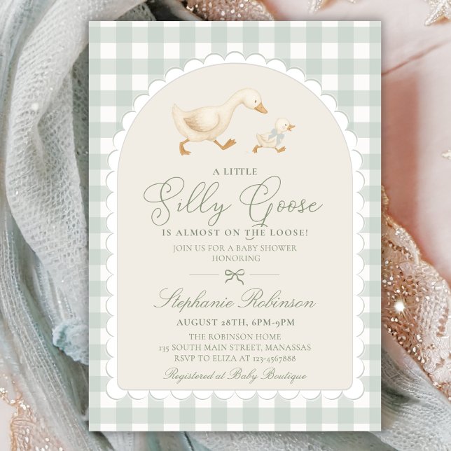 Invitation Fête de Bébé Silly Goose Arch Vert Sauge à Carreau (Créateur téléchargé)